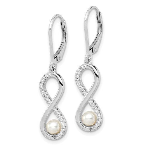 33.13mm Sterling Silver Rhodium-plated Polished White 4-5mm Freshwater Cultured Pearl & CZ Infinity Leverback Dangle Earrings