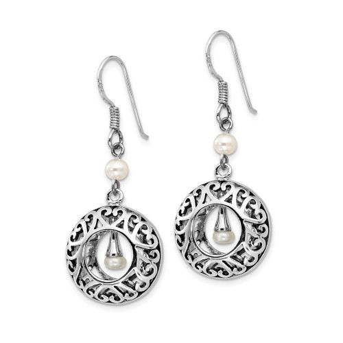 40mm Sentimental Expressions Sterling Silver Rhodium-plated Antiqued Freshwater Cultured Pearls of Wisdom Dangle Earrings