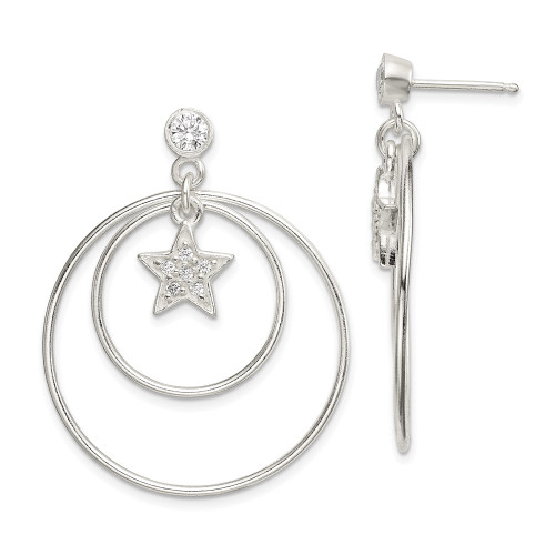 36.7mm Sterling Silver Polished CZ Star Orbiting Circles Drop Post Earrings