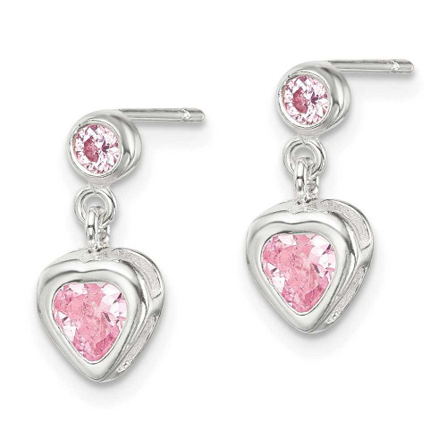 Image of 15mm Sterling Silver Polished Pink Heart CZ Post Dangle Earrings