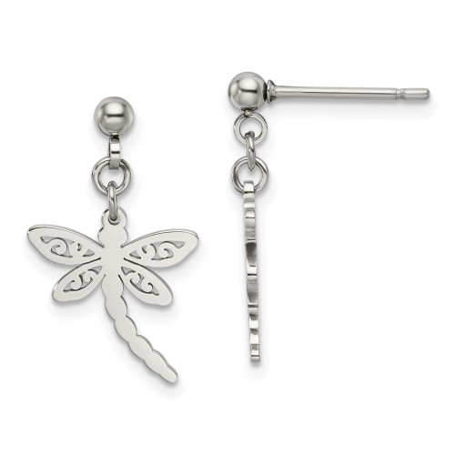 23.95mm Chisel Stainless Steel Polished Dragonfly Post Dangle Earrings