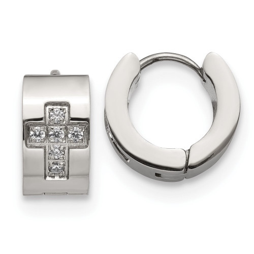12mm Chisel Stainless Steel Polished with CZ Cross 7mm Hinged Hoop Earrings