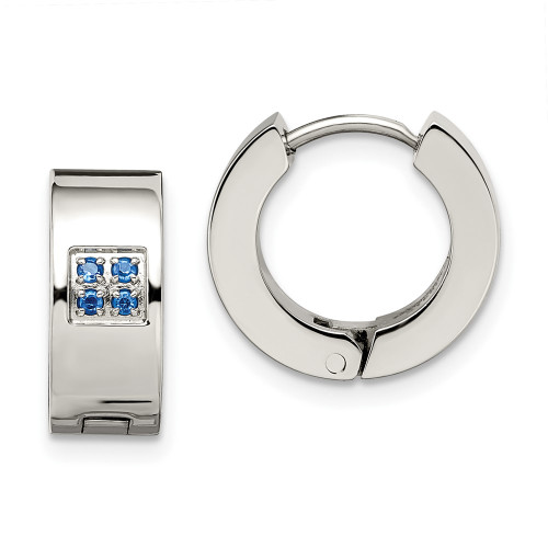 9mm Chisel Stainless Steel Brushed and Polished with Blue CZ 6mm Hinged Hoop Earrings