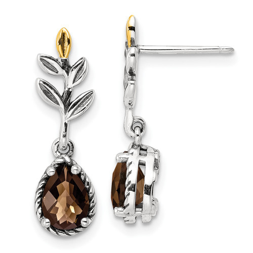 23mm Shey Couture Sterling Silver with 14K Accent Leaves Pear Shaped Checkerboard Smoky Quartz Dangle Post Earrings