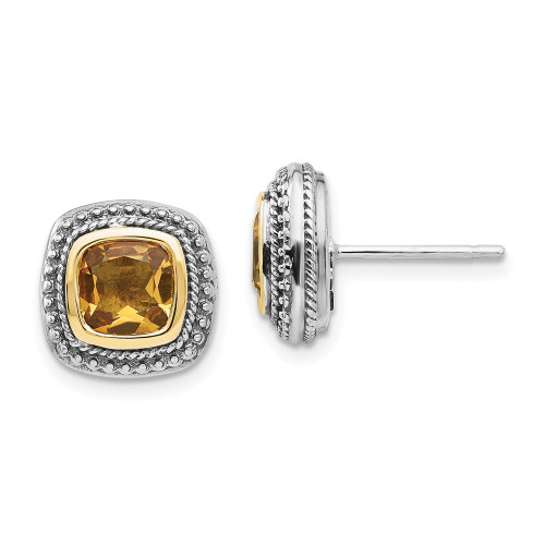 11mm Shey Couture Sterling Silver with 14K Accent Antiqued Cushion Bezel Citrine Post Earrings
