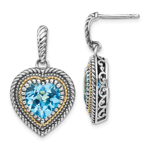 29mm Shey Couture Sterling Silver with 14K Accent Antiqued Light Swiss Blue Topaz Heart Dangle Post Earrings