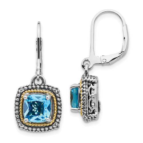 32mm Shey Couture Sterling Silver with 14K Accent Antiqued Cushion Light Swiss Blue Topaz Leverback Dangle Earrings