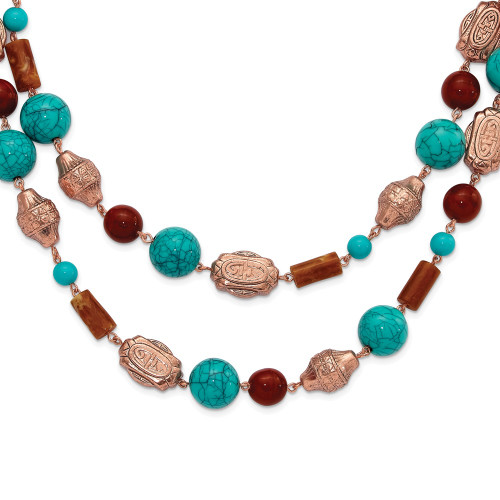 1928 Jewelry Copper-tone Pattern Aqua Blue and Brown Acrylic Beads Long 44 inch Necklace