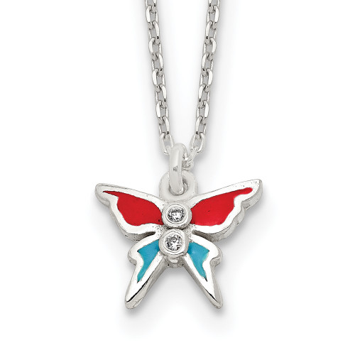 Sterling Silver Polished Red and Blue Enameled CZ Butterfly Childrens Necklace