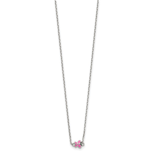 Sterling Silver Polished Pink & Black Enameled Butterfly with 2 Inch Extension Childrens Necklace
