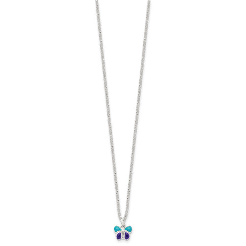 Sterling Silver Polished Blue & Purple Enameled Butterfly with 1.5inch Extension Childrens Necklace