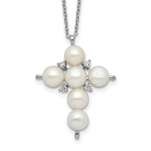 Sterling Silver Rhodium-plated 6-7mm White Button Freshwater Cultured Pearl CZ Cross Necklace