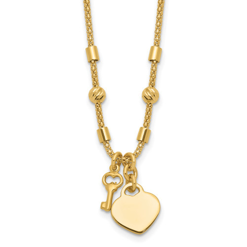 14K Yellow Gold Polished and Diamond-cut Lock and Heart Charm Necklace