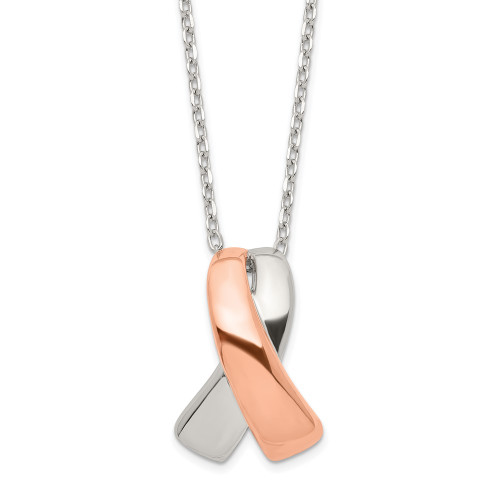 Sterling Silver Pink Polished Awareness Ribbon w/2in ext. Necklace