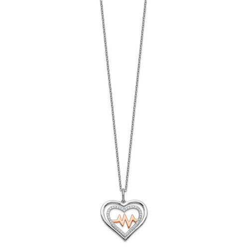 Sterling Silver Rhodium-plated Pink CZ Heartbeat w/2in ext Necklace