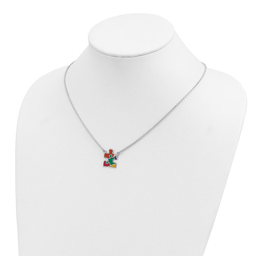 Sterling Silver Rhodium-plated Enameled Autism Puzzle Piece Necklace