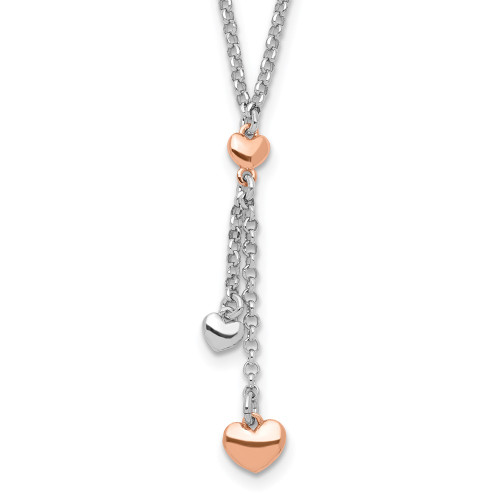 Sterling Silver Rhodium-plated Rose gold-plated Heart 1.5in ext.Necklace
