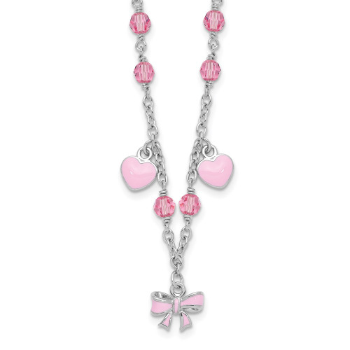 Sterling Silver Rhodium-plated Polished Pink Enamel & Crystal Hearts & Bow w/ 1 inch Extension Childrens Necklace