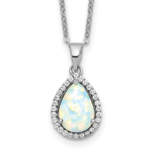 Sterling Silver Rhodium-plated Polished Simulated Opal & CZ Necklace