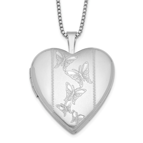 Sterling Silver Rhodium-plated 20mm Butterflies Heart Locket Necklace