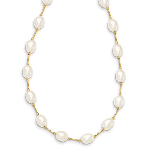 14K Yellow Gold 7-8mm White Rice Freshwater Cultured Pearl Bead Necklace