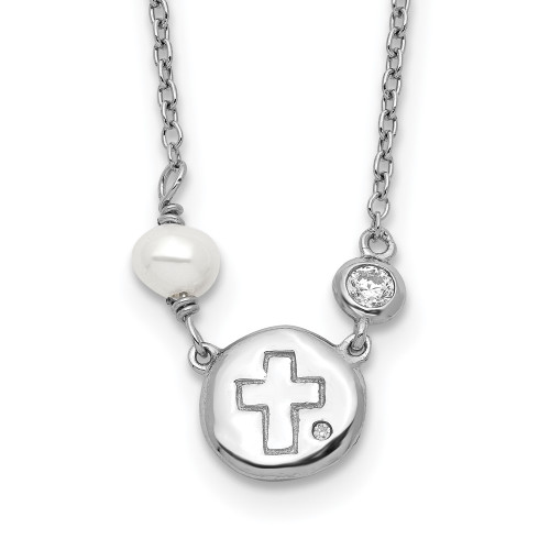 Sterling Silver Rhodium-plated CZ/Cross/Freshwater Cultured Pearl w/2in ext Necklace