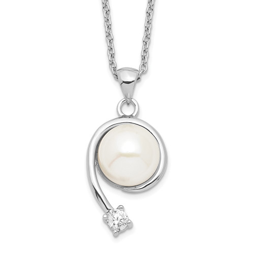 Sterling Silver Rhodium-plated 8-9mm White Freshwater Cultured Pearl CZ Pendant Necklace