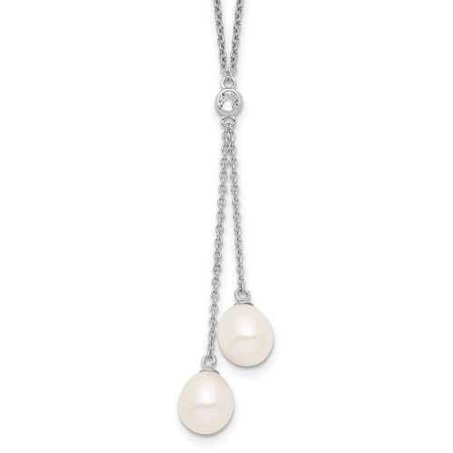 Sterling Silver Rhodium-plated 8-9mm White Rice Freshwater Cultured Pearl CZ Dangle Necklace