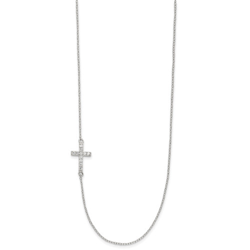 Sterling Silver with CZ Offset Sideways Cross w/ 2 IN EXT Necklace