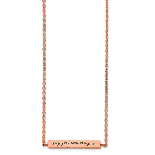Image of Chisel Stainless Steel Polished Rose IP-plated Enameled CZ ENJOY THE LITTLE THINGS Bar on a 16 inch Cable Chain with a 2 inch Extension Necklace