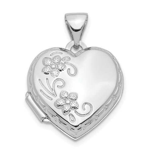 10k White Gold Polished Reversible Floral Heart Locket Pendant