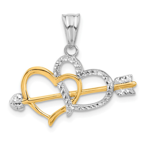 14K Yellow Gold with White Rhodium Diamond-cut Hearts and Arrow Pendant