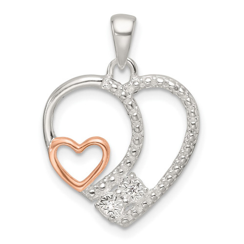 Sterling Silver Pink Polished Diamond-cut CZ Open Heart Pendant