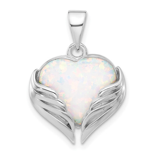 Sterling Silver Rhodium-plated White Created Opal Heart Wings Pendant