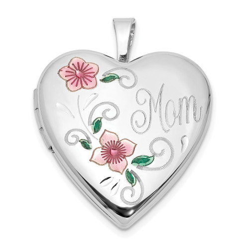 Sterling Silver Rhodium-plated Epoxy 20mm Floral Mom Heart Locket Pendant