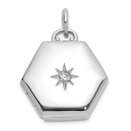 Image of Sterling Silver Rhodium-plated Polished CZ Star 16mm Hexagon Locket Pendant