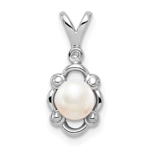 Image of Sterling Silver Rhodium-plated Freshwater Cultured Pearl & Diamond Pendant QBPD21JUN