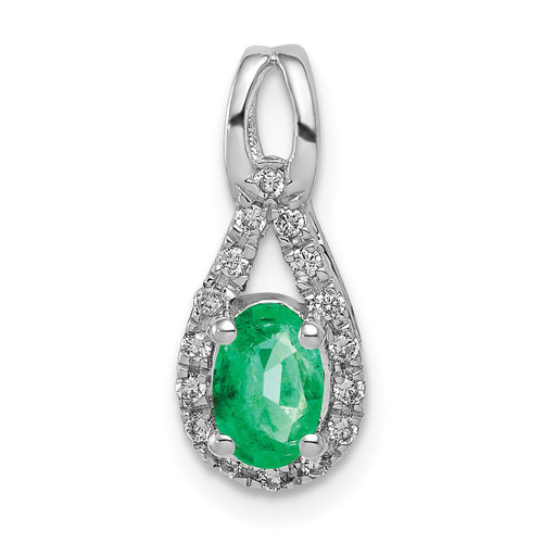 14k White Gold Teardrop Diamond and Oval Emerald Pendant