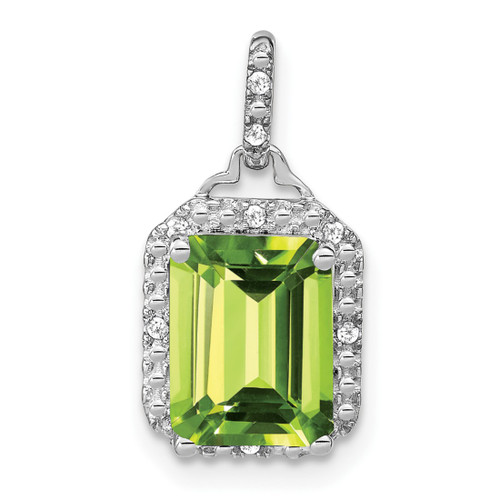 14k White Gold Emerald-cut Peridot and Diamond Halo Pendant