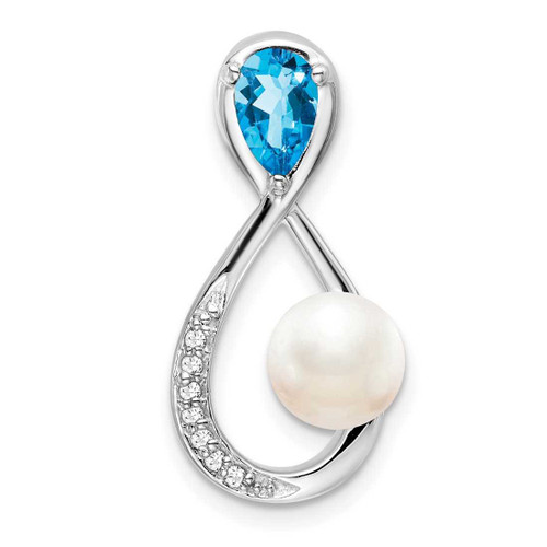 Image of 14k White Gold Blue Topaz/Freshwater Cultured Pearl/Diamond Infinity Chain Slide Pendant