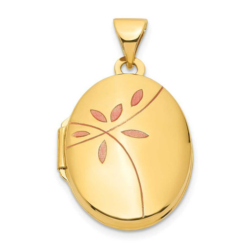 Image of 14k Yellow Gold Enamel Leaves 19mm Oval Locket Pendant