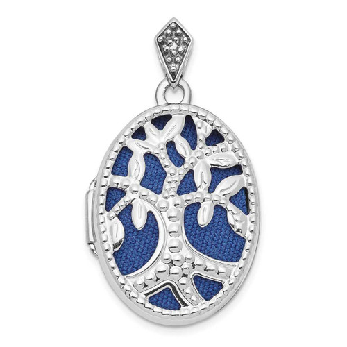 Image of 14K White Gold Diamond Tree 23mm Blue Fabric Locket Pendant