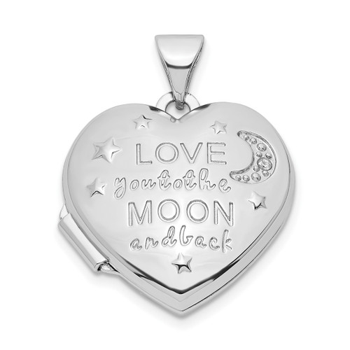 Sterling Silver Rhodium-plated CZ Love Moon and Back 18mm Heart Locket Pendant