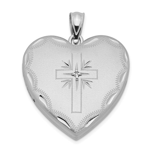 Sterling Silver Rhodium-plated 24mm Satin & Diamond-cut w/ Diamond Cross Heart Locket Pendant