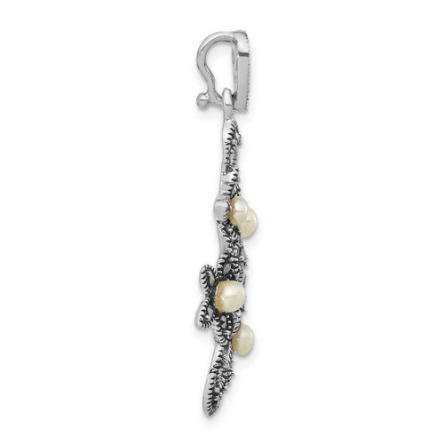 Image of Sterling Silver Antiqued Marcasite & Freshwater Cultured Pearl Floral Slide Pendant