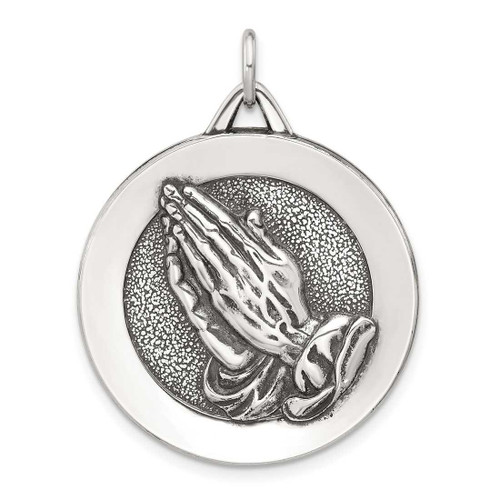Image of Sterling Silver Antiqued Solid Praying Hands Serenity Prayer Pendant