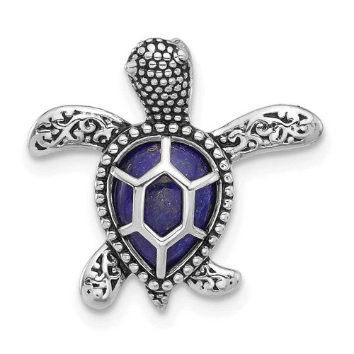 Image of Sterling Silver Rhodium-plated Polished and Antiqued Lapis Turtle Chain Slide Pendant