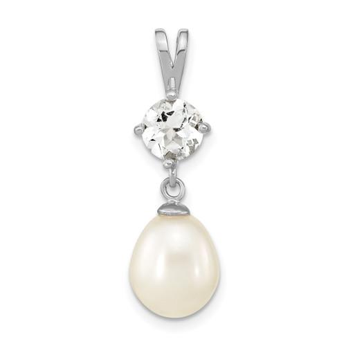 Sterling Silver Rhodium-plated White Topaz 8-10mm Teardrop Freshwater Cultured Pearl Pendant
