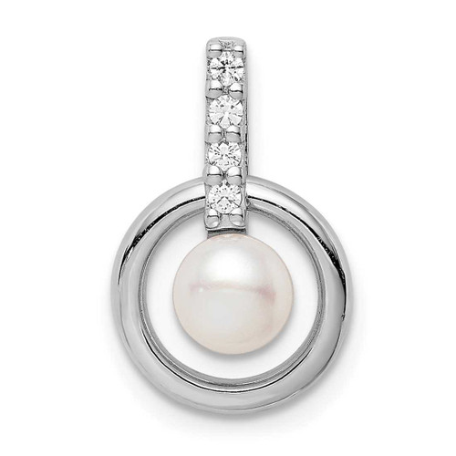 Image of Sterling Silver Rhodium-plated Circle w/CZ (5-6mm) Button Freshwater Cultured Pearl Slide Pendant