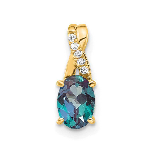 Image of 14K Yellow Gold Oval Created Alexandrite and Diamond Pendant